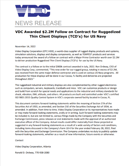 2022-11-14 - Video Display Corporation