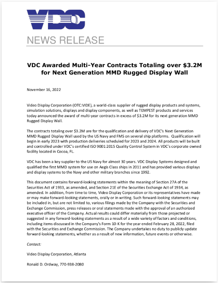 2022-11-16 - Video Display Corporation